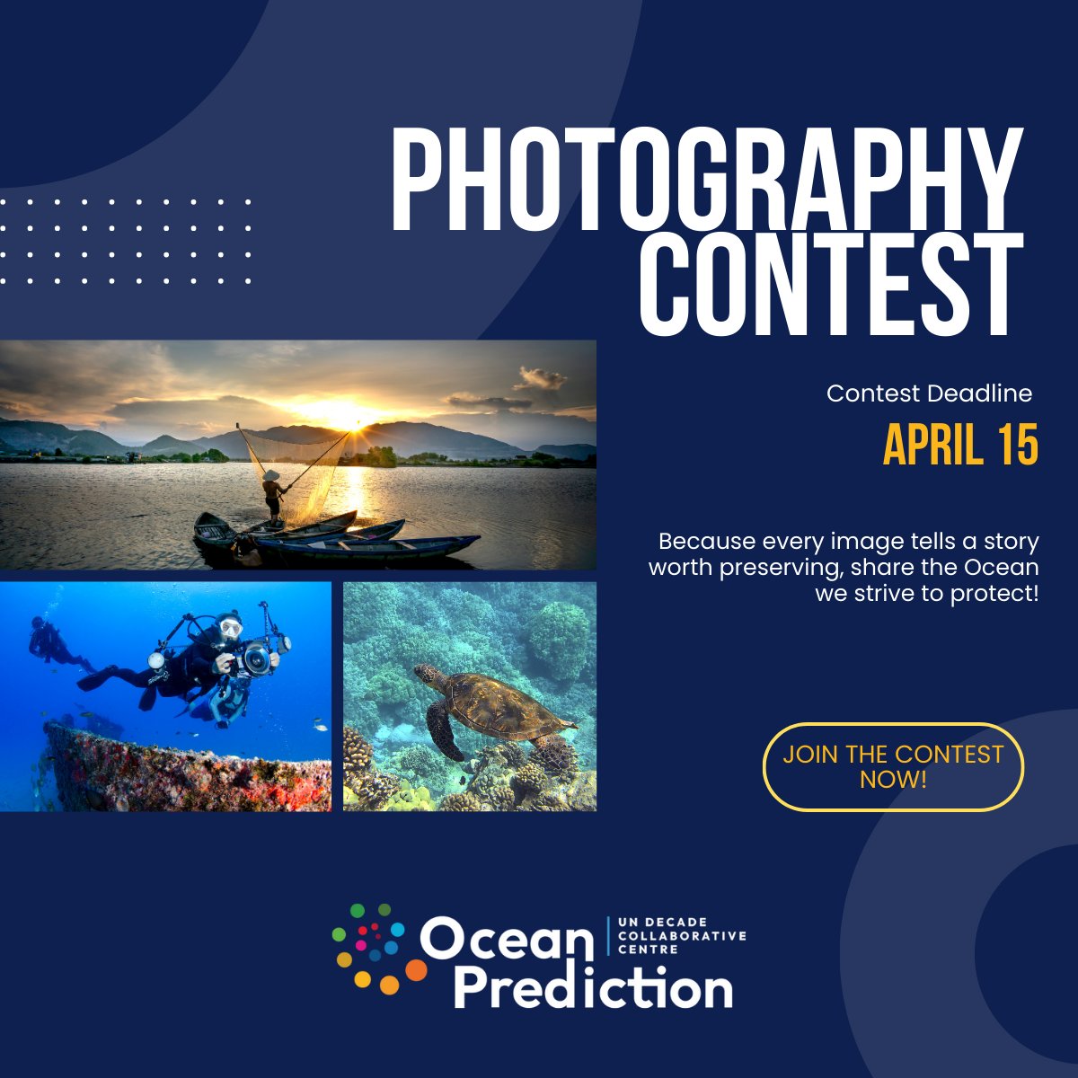 📸✨ Capture the ocean’s story! Take part in the #OceanPrediction photo contest in the lead-up to #UNOC3!

🌐 Human Ocean Connection
🔬 Science &amp; Innovation
🌊 Ocean’s Beauty

📢Find out more and submit your photos here: bit.ly/43Y2HK3

#PhotoContest #OceanScience