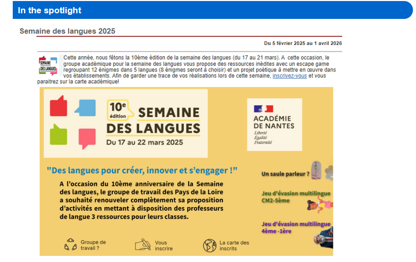 Newsletter : Scoop-it N°16 🇬🇧LP@acnantes:
- 📢: La SDL édit° 2025 
- 🔍: LV et CELV + Ednum 41🗣️
- 📽️: Canotech et IA
- 👩‍🎓 : L'anglais dans le parcours en Y (BCP)
- 🇪🇺  : Projets euro LP G. Lesnard (53)
- 🗓️ : Dates épreuv LV academ 
🙏@Christo57603027Pm
↪️urls.fr/MSQABj
