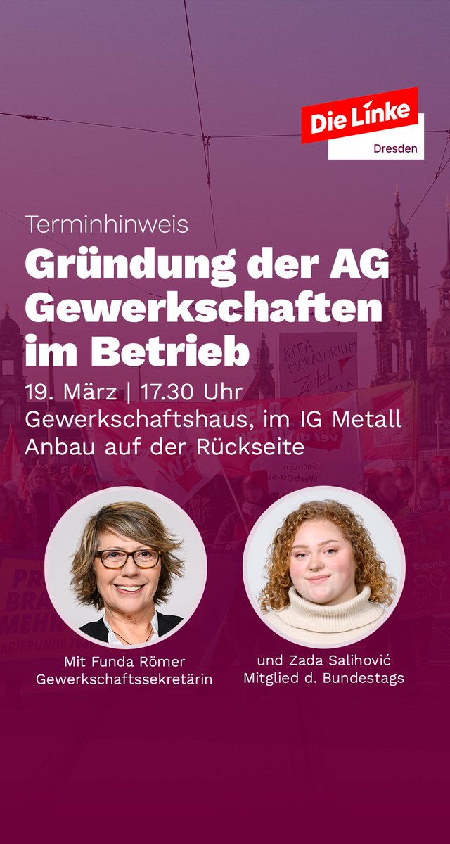 Heute gründen sich bei uns die AG Gewerkschaft im Betrieb und die AG Feminismus und Gleichstellung. Wenn ihr mitmachen wollt, kommt gern vorbei!
dielinke-dresden.de/termine/