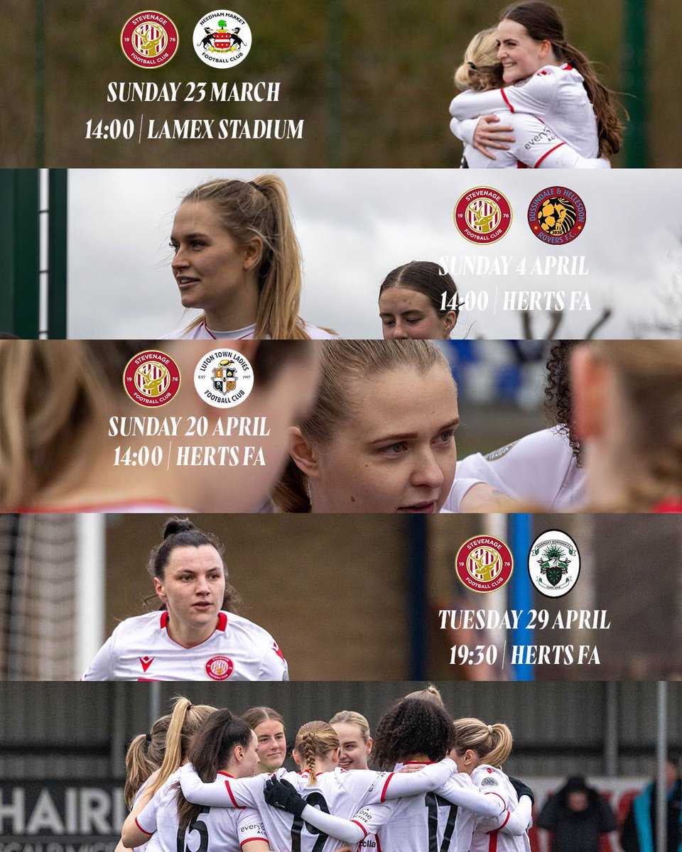 StevenageFCW's tweet image. 🏡 𝙃𝙤𝙢𝙚 𝙎𝙩𝙧𝙖𝙞𝙜𝙝𝙩 … Boro’ fans - we have 4 more home games left this season, starting on Sunday at The Lamex Stadium! We need all your support! Pack out the stands, bring your noise and support the girls #TogetherForBoro 🔴⚪️