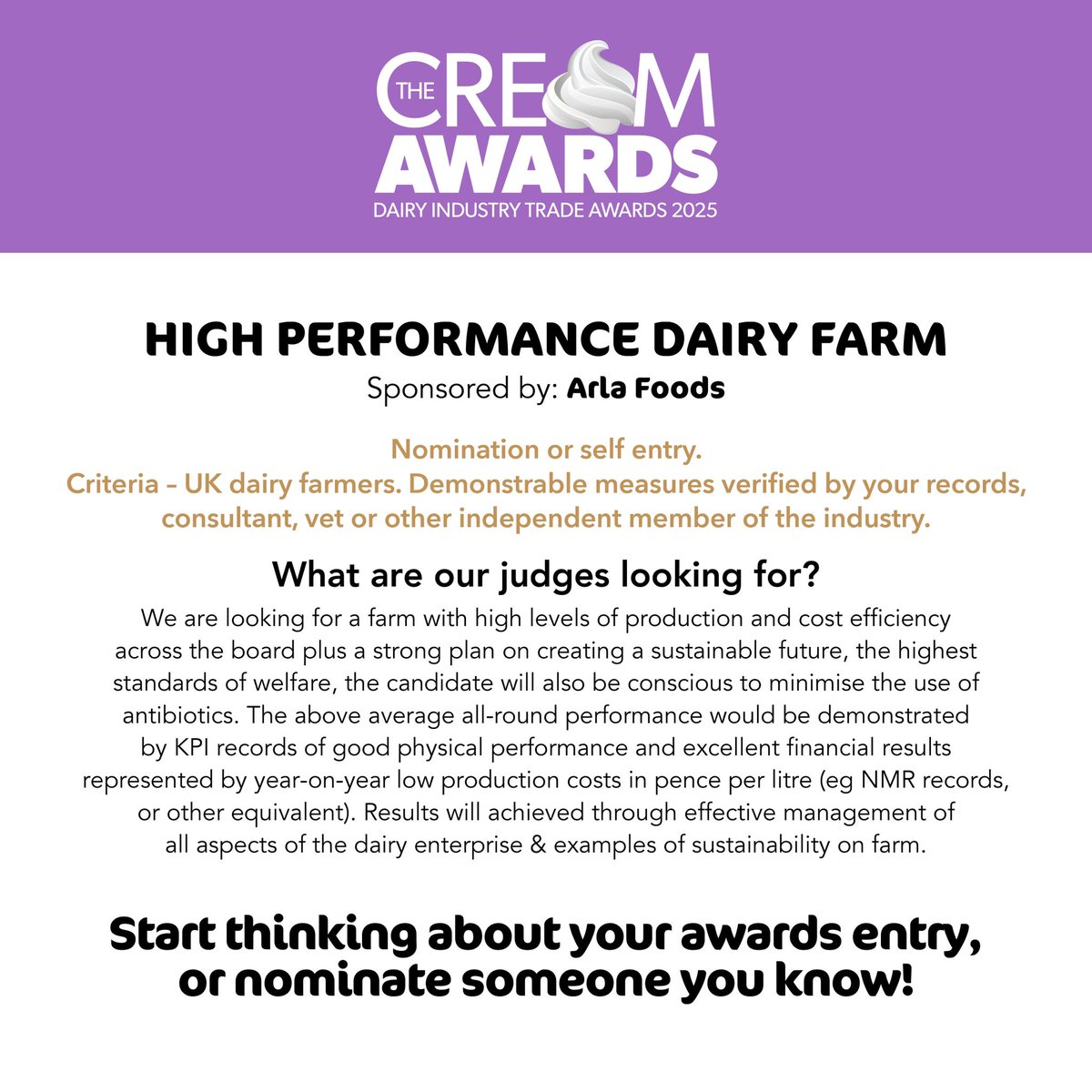 Cream Awards 2025 – open for entry.

Start thinking about your entry, or nominate someone you know.

See the entry form in the March British Dairying or go online now to creamawards.UK
or click the link in the BIO ^^^

#creamawards, #teamdairy