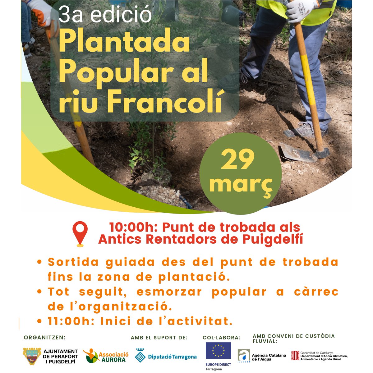 Plantada popular organitzada per l'AjPerafortiPuigdelfí amb l' <a href="/auroracet/">ASSOCIACIÓ AURORA</a> , dins del projecte de "Millora de la biodiversitat fluvial del riu Francolí a Perafort", amb suport de <a href="/Dipta_cat/">Diputació de Tarragona</a> i <a href="/EuropeDirectTGN/">Europe Direct TGN 💙🇪🇺 💙</a> .
📝Inscripció a l'Ajuntament (977625006) o a docs.google.com/forms/d/e/1FAI…