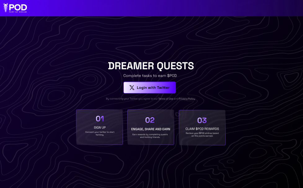 🎁PartOfDream Airdrop 
💰Get points &gt; $POD Token
🎉For all users 

➡️ Go To : tinyurl.com/dreamairdrop

➖ Connect Twitter Account
➖ Connect discord
➖ Complete All Tasks
➖ Connect wallet 
➖ Do Daily Spin and check-in
➖ Done ✅