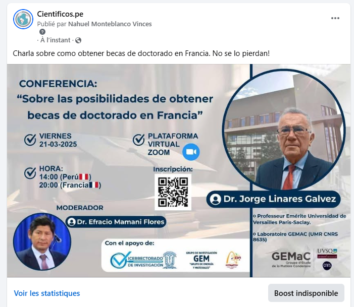 cientificospe's tweet photo. Charla sobre becas de doctorado en Francia! https://t.co/kiEhVIrzR9