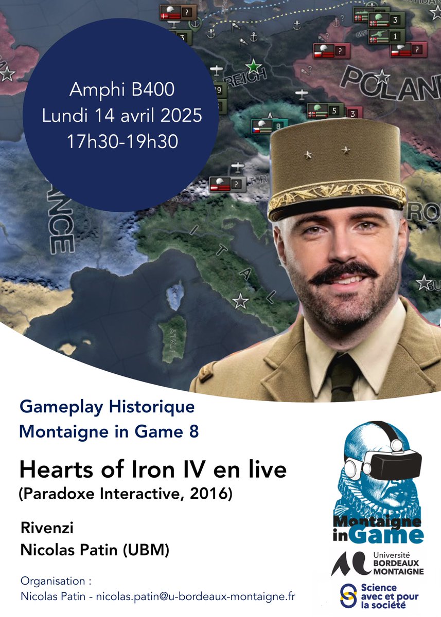 🎮 #MontaigneinGame is back ! 🎮
La programmation est lourde et débutera cette année avec une #balladevirtuelle le Lundi 14 avril 2025, 17h30-19h30, toujours à <a href="/UBMontaigne/">Université Bordeaux Montaigne</a>, Amphi B400. 

<a href="/Rivenzi_/">Rivenzi</a> nous fera l’honneur de sa présence 

#MontaigneinGame8

👇