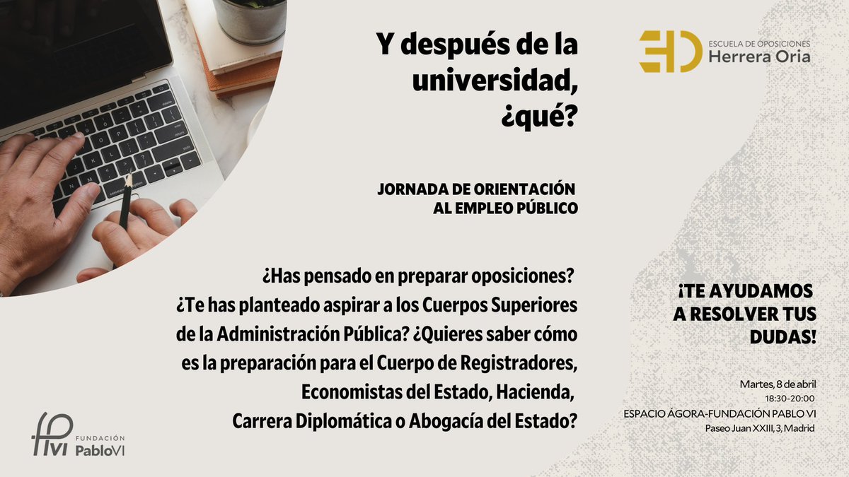 En la Fundación Pablo VI queremos acompañar a aquellos jóvenes que tienen dudas sobre su futuro profesional. El empleo público es estabilidad, pero también vocación y servicio al bien común. El día 8 de abril hemos organizado una jornada sobre #Oposiciones muy pedagógica