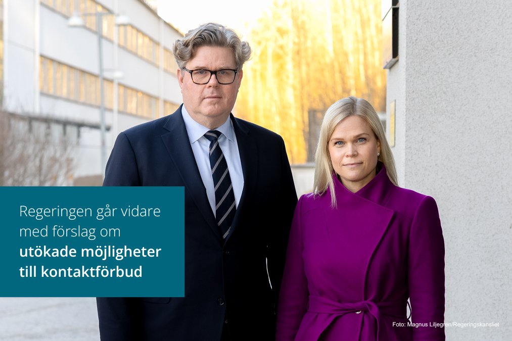 Regeringen föreslår utökade möjligheter till kontaktförbud. Syftet är att förbättra skyddet för kvinnor och barn som riskerar att utsättas för våld och andra kränkningar i nära relationer.

Läs mer ⬇️

regeringen.se/pressmeddeland…

<a href="/arbetsmarkdep/">Arbetsmarknadsdepartementet</a> <a href="/Pau_Brandberg/">Paulina Brandberg</a>