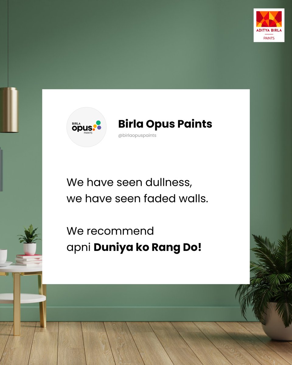 We don’t just paint walls - we craft emotions, enhance spaces, and bring dreams to life. 

Birla Opus colours are more than shades, they are experiences.

#BirlaOpusPaints #DuniyaKoRangDo