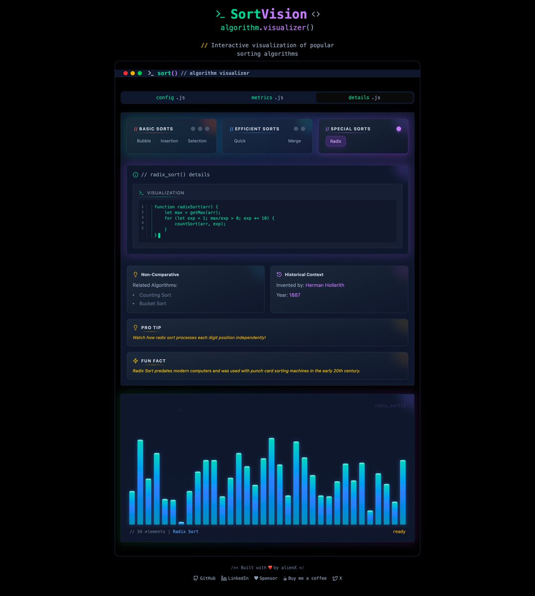 🚀 Just launched SortVision, a real-time sorting algorithm visualizer!

🔍 See sorting algorithms in action with an interactive UI.

🔗 LinkedIn post: shorturl.at/LsHDb
🎮 Live demo: sortvision.vercel.app

Would love to hear your thoughts!