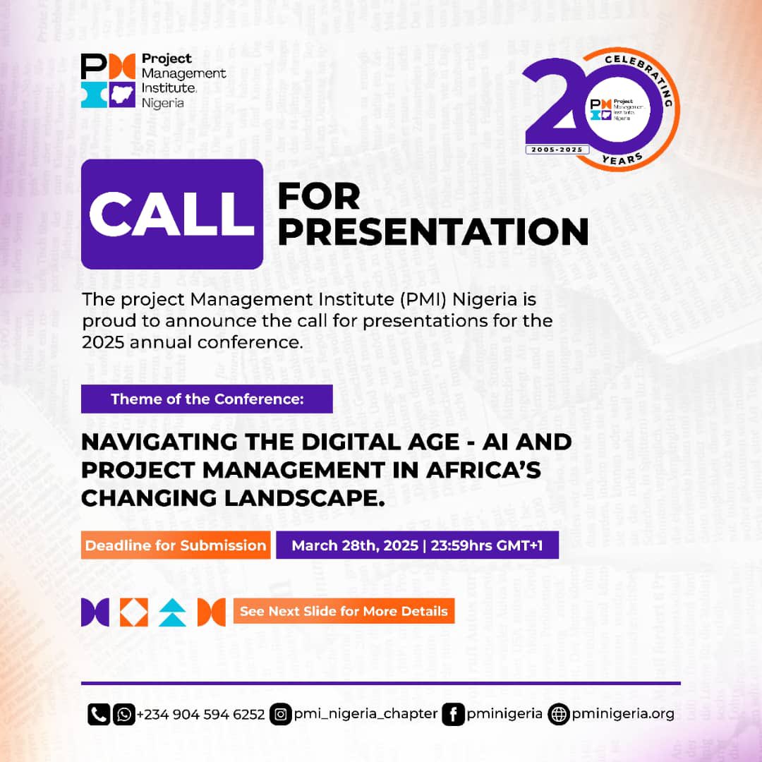 Be a Speaker at <a href="/pminigeria_chpt/">PMI NIGERIA CHAPTER</a> Conference:

💡 Submit a proposal on:
✅ Ethics &amp; Governance in AI-Driven PM 
✅ AI &amp; PM in Nigeria – Trends &amp; Opportunities 
✅ Project Managers &amp; Well-being in Nigeria 
📩 Submit your proposal now: 🔗 [bit.ly/4hBaCjw]