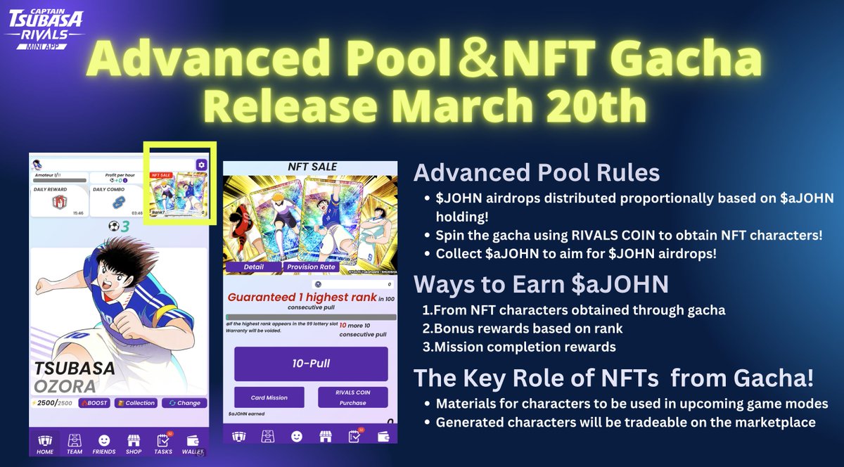 The Wait is Over!
 Advance Pool Launches TOMORROW! 🎰🚀

The last chance to stack up $JOHN before the airdrop begins tomorrow! But the NFT characters you pull from the gacha aren’t just for earning $aJOHN…😎

💡 Why are these NFTs so important?
✅ Materials for characters to be