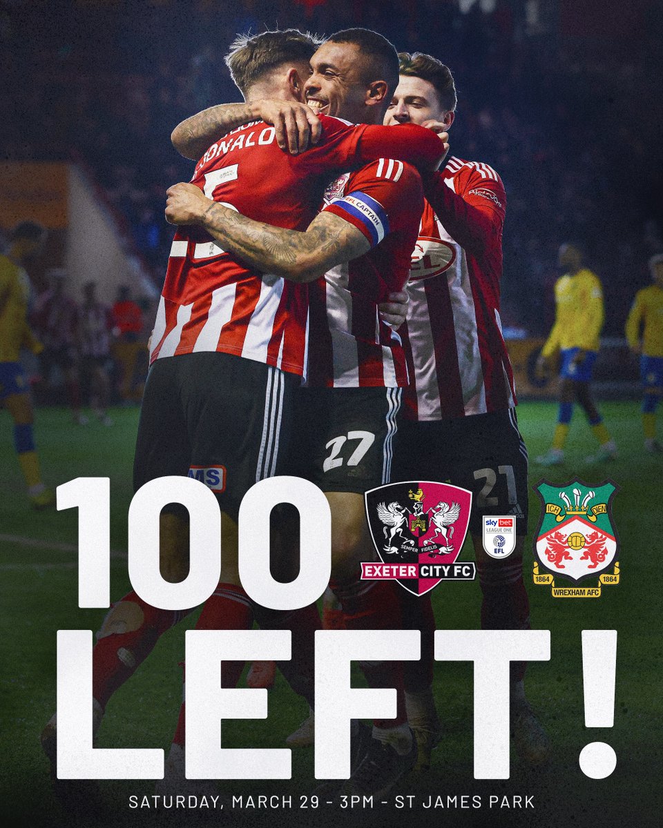 🚨 There are just 1️⃣0️⃣0️⃣ Big Bank tickets left for our match against <a href="/Wrexham_AFC/">Wrexham AFC</a> at SJP on Saturday, March 29, 3pm!  

🎟️ Last chance ➡️ exetercityfc.co.uk/WrexhamH25

#ECFC #SemperFidelis