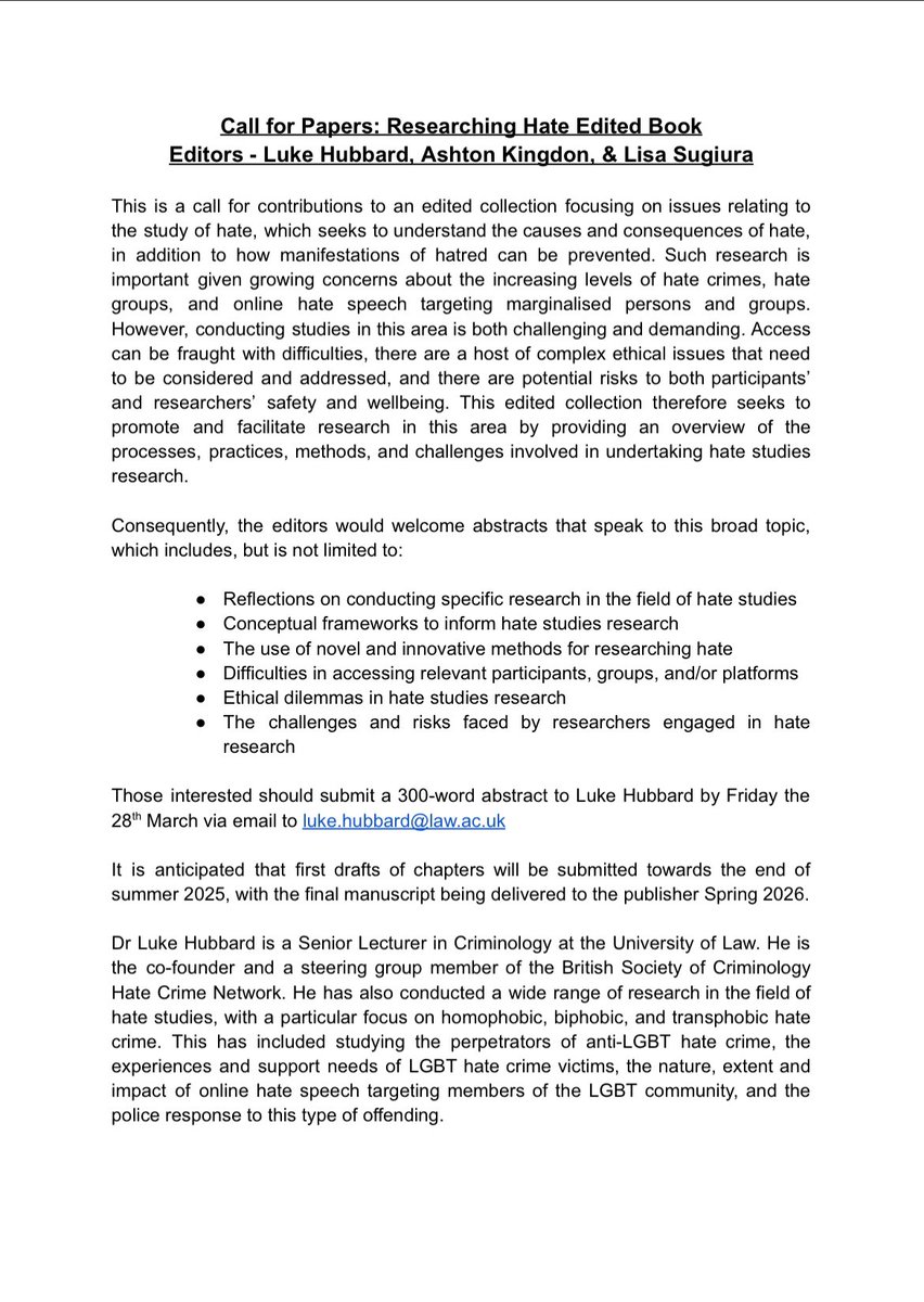Ashton Kingdon (@ashkingdon) on Twitter photo 🚨Under Two Week's Left to Submit Your Abstract🚨
If You Study #Hate #Extremism #Terrorism Consider Submitting to <a href="/LukeHubbard32/">Luke Hubbard</a> <a href="/lisa_sugiura/">Dr Lisa Sugiura</a> and I's Edited Collection on #Methods #Research #Ethics #ResearchSafety 👇👇👇#ReTweet #SpreadTheWord 🚨Under Two Week's Left to Submit Your Abstract🚨
If You Study #Hate #Extremism #Terrorism Consider Submitting to <a href="/LukeHubbard32/">Luke Hubbard</a> <a href="/lisa_sugiura/">Dr Lisa Sugiura</a> and I's Edited Collection on #Methods #Research #Ethics #ResearchSafety 👇👇👇#ReTweet #SpreadTheWord