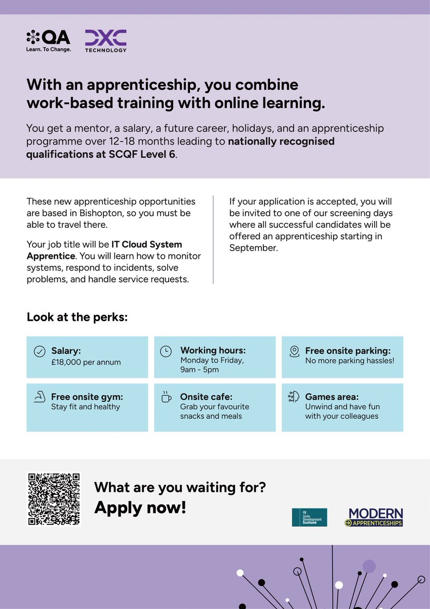 DYWWEST's tweet image. Want to launch your career in IT? 💻 

@DXC_UKI in Erskine is hiring 37 Cloud Systems #Apprentices

💰 Earn £18K while you train
📅 Start Sept 2025
⏳ Apply by 18th April

Apply now ➡️ buff.ly/dJEk52c 

#ITJobs | #TechCareers | @QaScotland