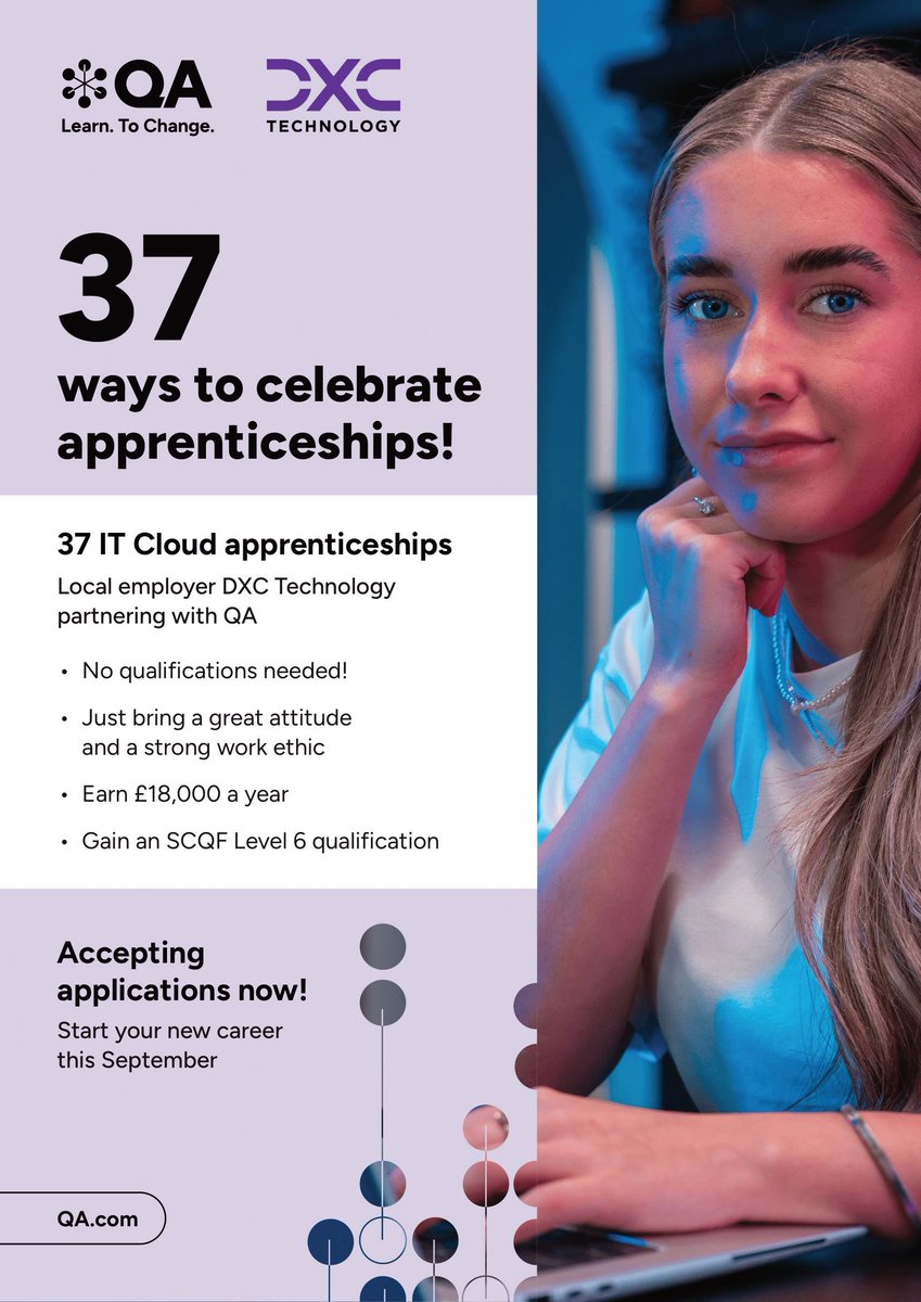 DYWWEST's tweet image. Want to launch your career in IT? 💻 

@DXC_UKI in Erskine is hiring 37 Cloud Systems #Apprentices

💰 Earn £18K while you train
📅 Start Sept 2025
⏳ Apply by 18th April

Apply now ➡️ buff.ly/dJEk52c 

#ITJobs | #TechCareers | @QaScotland