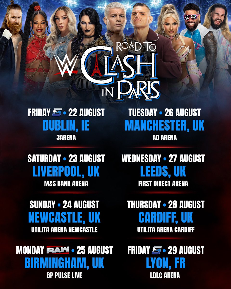 Dernière nouvelle: #SmackDown À LYON-DÉCINES🚨 

La Route vers « Clash in Paris » s’arrête à la <a href="/LDLC_Arena/">LDLC Arena</a> le Vendredi 29 Août! 

S’inscrire pour les pré-ventes: wwe.com/presale-regist…