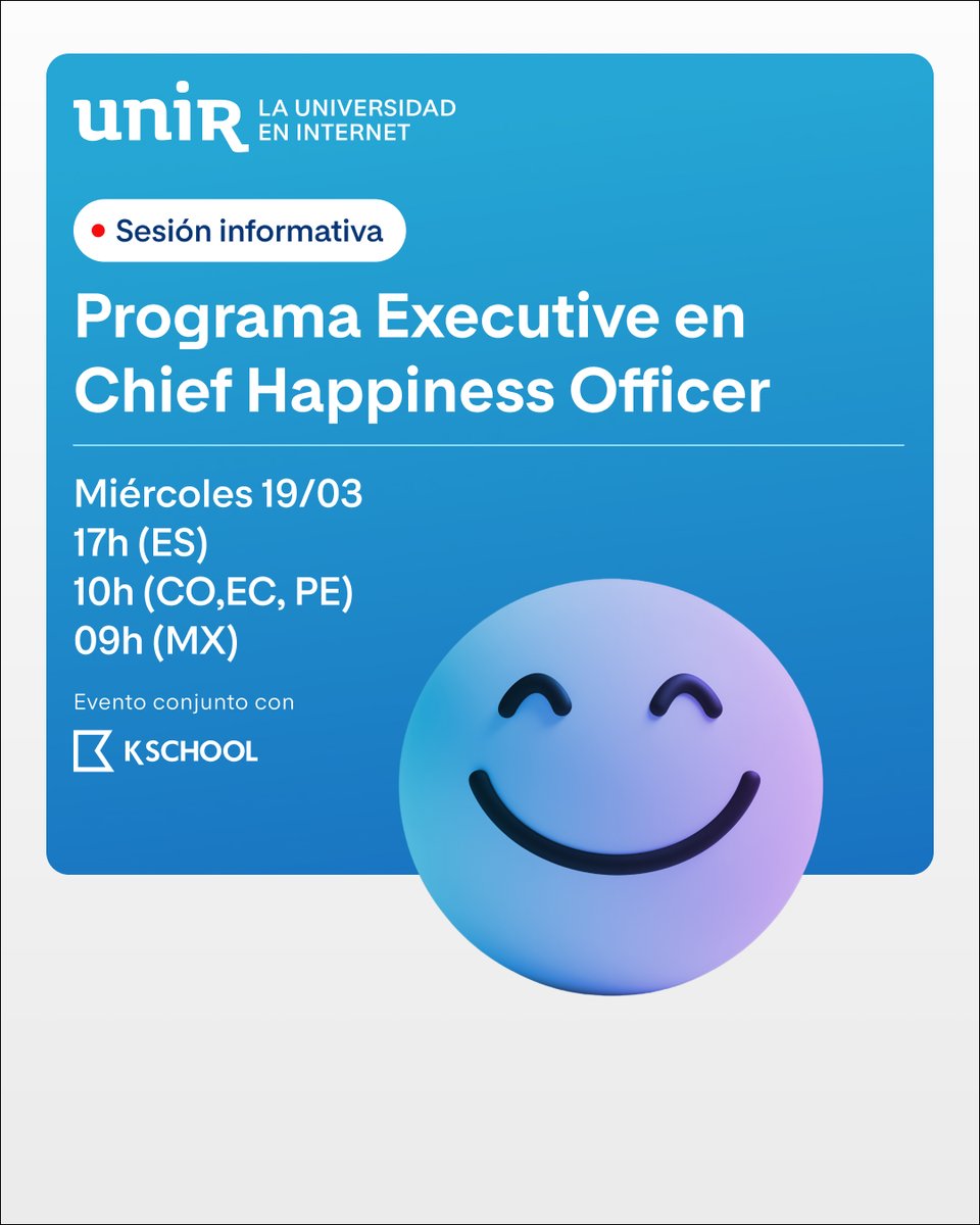 😊 Descubre cómo liderar con felicidad en las empresas. El bienestar en el trabajo es clave para la productividad y la retención del talento. 🏆

🔗 Inscríbete a la sesión informativa que tendremos hoy👉 ow.ly/U3al50Vgpmm

Únete a esta sesión informativa con