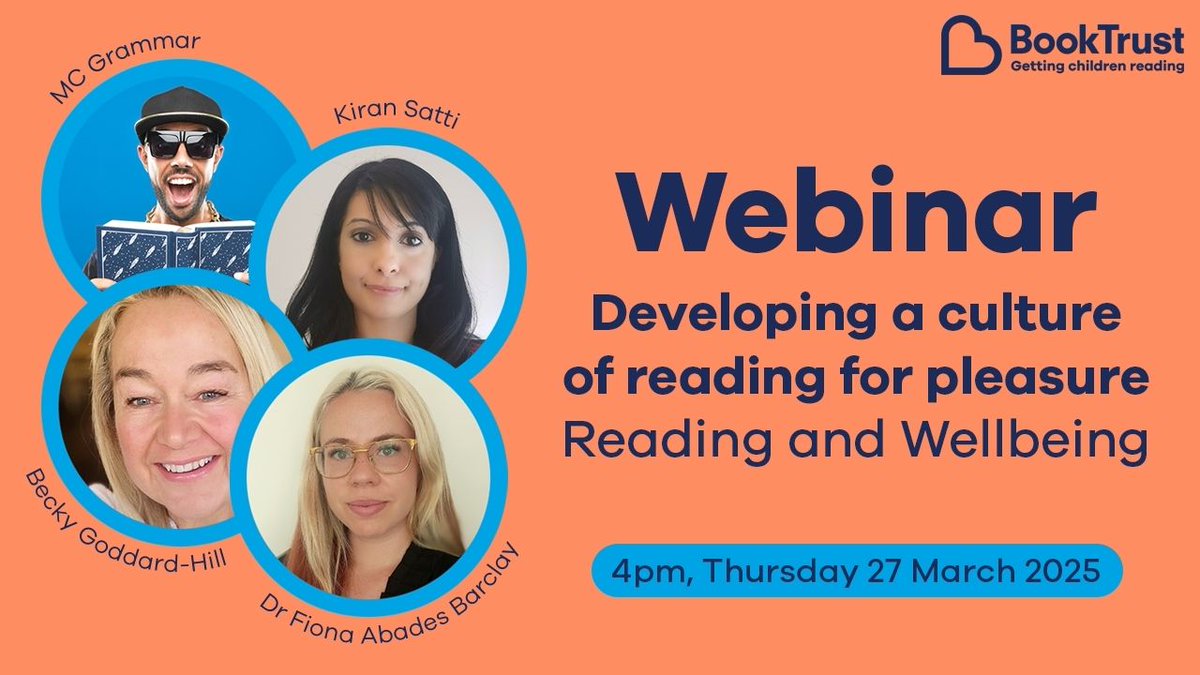 BookTrust (@booktrust) on Twitter photo 📅 Primary schools, we have a really exciting free webinar lined up for you!
Join us on 27 March to explore Reading and Wellbeing with <a href="/MrMCGrammar/">MC Grammar</a>, <a href="/Miss_K_Sunray3/">KiranS</a>, <a href="/BeckyGoddardH/">Becky Goddard-Hill</a> and Fiona Abades Barclay from our Research team.
Find out more & book 👇
booktrust.org.uk/what-we-do/pro… 📅 Primary schools, we have a really exciting free webinar lined up for you!
Join us on 27 March to explore Reading and Wellbeing with <a href="/MrMCGrammar/">MC Grammar</a>, <a href="/Miss_K_Sunray3/">KiranS</a>, <a href="/BeckyGoddardH/">Becky Goddard-Hill</a> and Fiona Abades Barclay from our Research team.
Find out more & book 👇
booktrust.org.uk/what-we-do/pro…