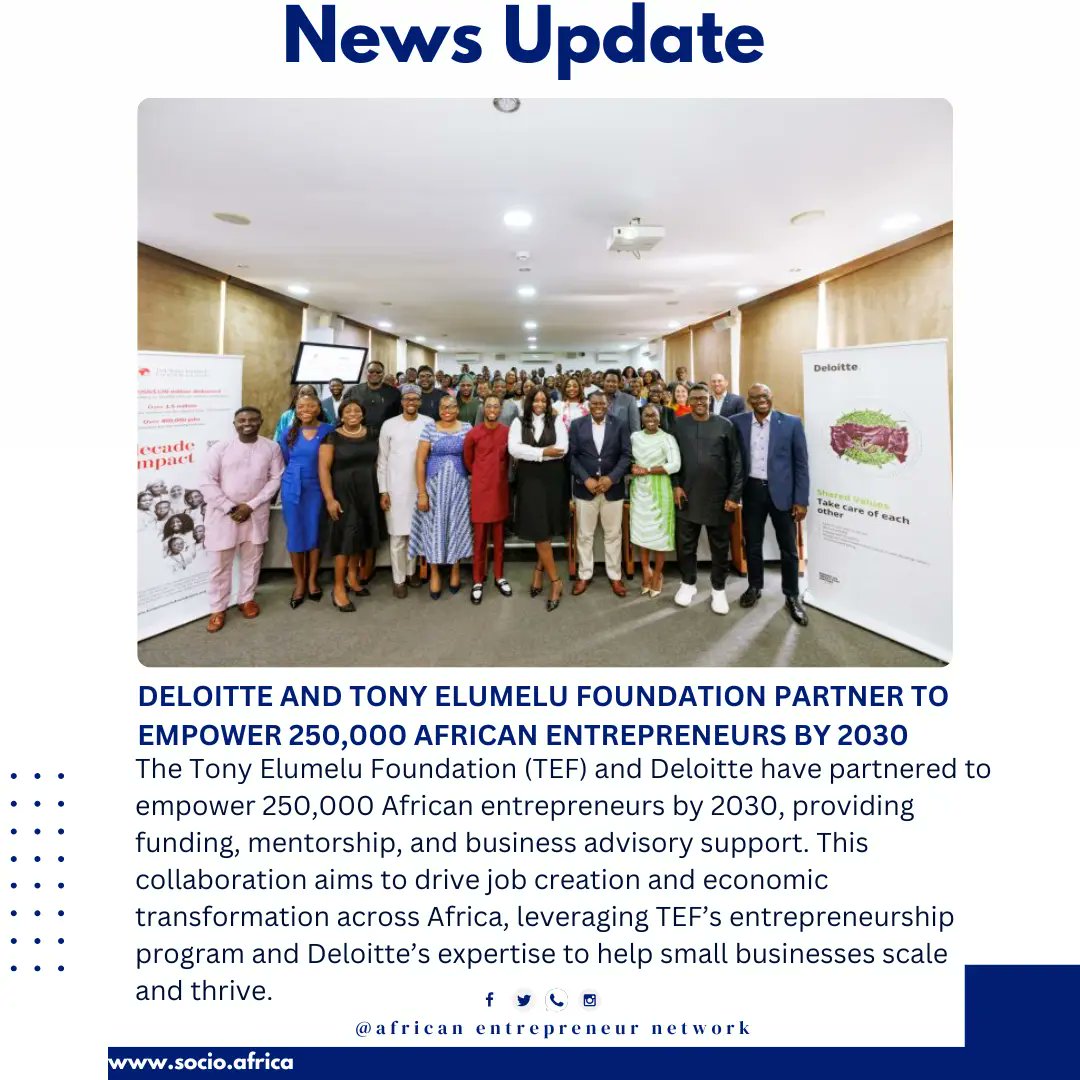 African Entrepreneur Network (@aenetwork_) on Twitter photo Breaking: TEF & Deloitte Africa to Empower 250,000 Entrepreneurs!
<a href="/TonyElumeluFDN/">The Tony Elumelu Foundation</a> & @DeloitteAfrica are launching a major initiative to provide funding, mentorship & business support for African entrepreneurs. A game-changer for the continent’s startup ecosystem! 🌍💡
#viral Breaking: TEF & Deloitte Africa to Empower 250,000 Entrepreneurs!
<a href="/TonyElumeluFDN/">The Tony Elumelu Foundation</a> & @DeloitteAfrica are launching a major initiative to provide funding, mentorship & business support for African entrepreneurs. A game-changer for the continent’s startup ecosystem! 🌍💡
#viral