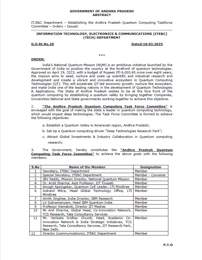 AP_CRDANews's tweet photo. Govt of #AndhraPradesh formed 12 members "Quantum Computing Task Force" with industry &amp; academic experts
Main Tasks:
*Establish Quantum Valley in #Amaravati 
*Setup "Deep Tech Research Park"
*Attract Investments &amp; Collab in #QuantamComputing research

#AndhraPradesh #InvestInAP https://t.co/GhltPJQ1Qo