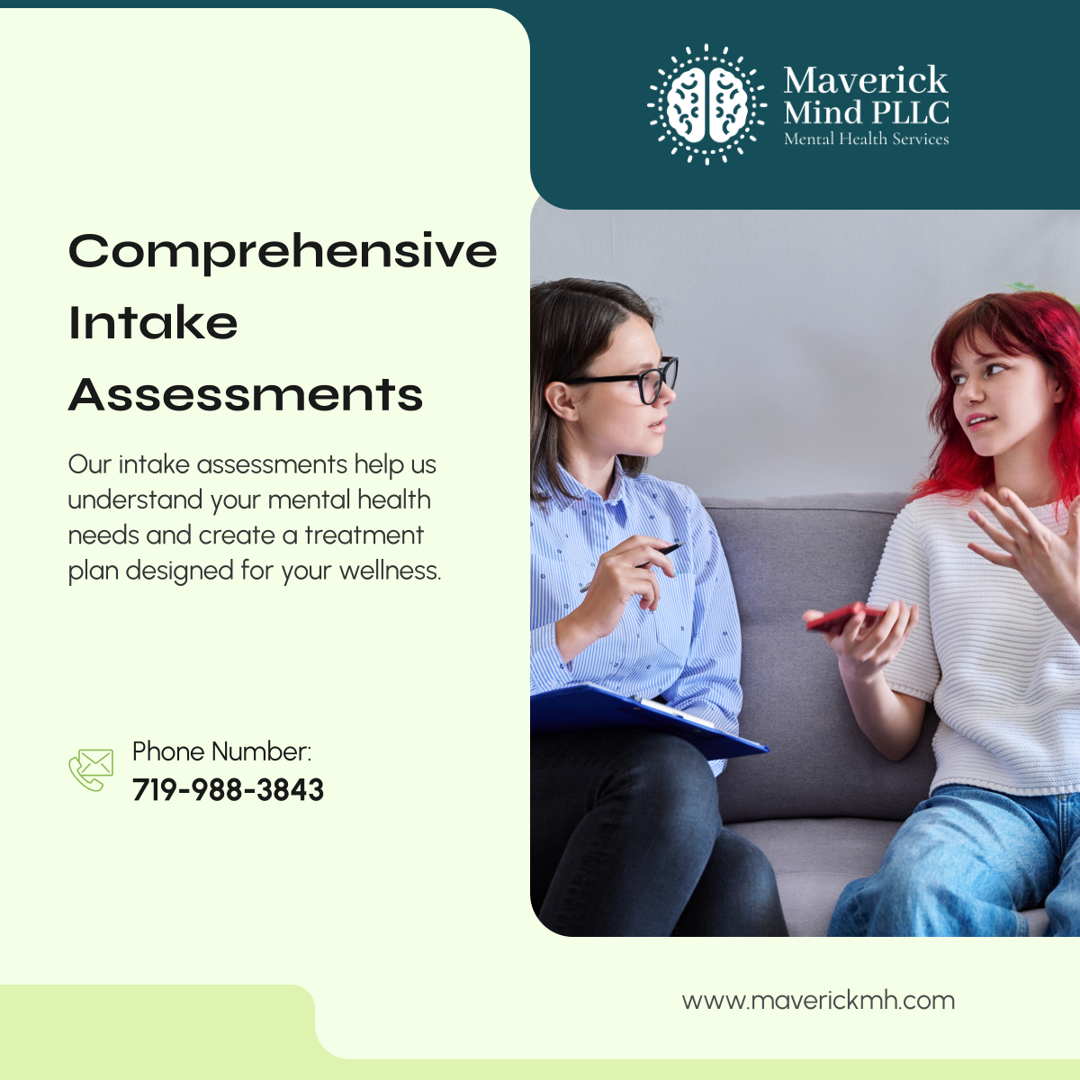 MaverickMPLLC's tweet photo. A strong start leads to better care. Our intake assessments help build a personalized treatment plan for you. Schedule today! 

#MentalHealthTreatment #PuebloCO #MentalWellness https://t.co/lorhkNQomH