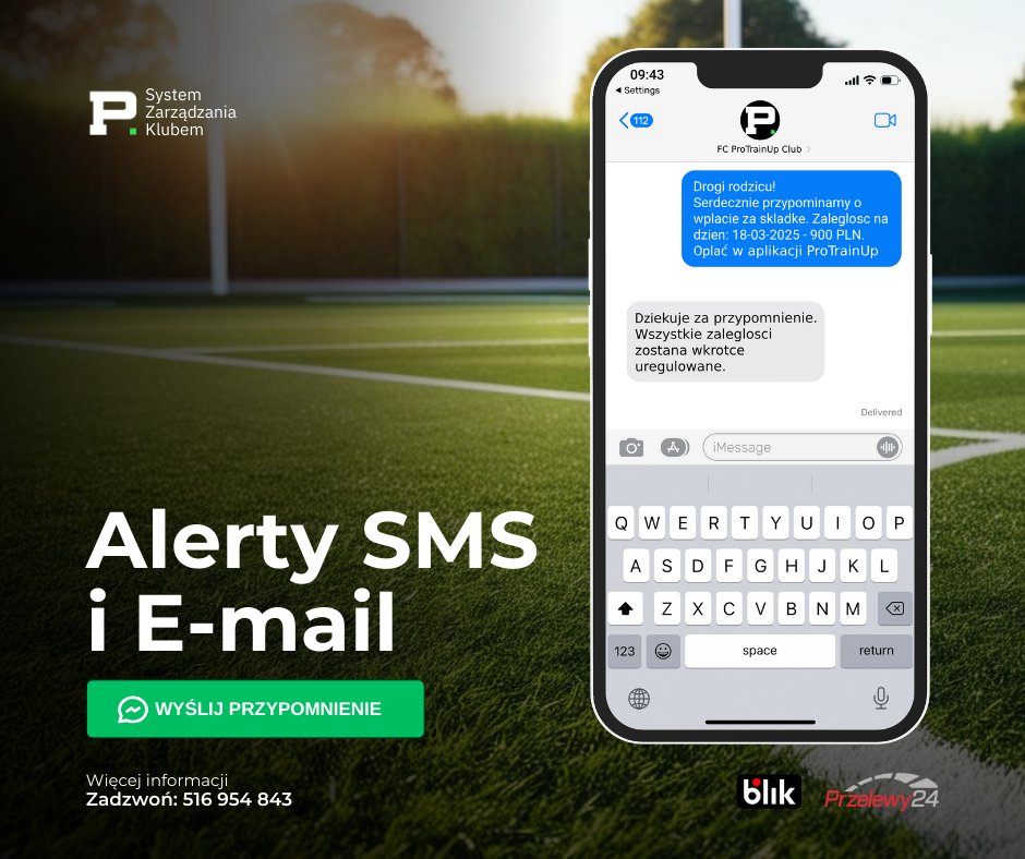 📱 PRZYPOMNIENIA SMS i E-MAIL 📱
Moduł powiadomień SMS i email automatycznie przypomni rodzicom o płatnościach za zajęcia sportowe dzieci.
✅ Więcej terminowych wpłat
✅ Personalizacja wiadomości
✅ Oszczędność czasu
✅ Łatwe śledzenie płatności
