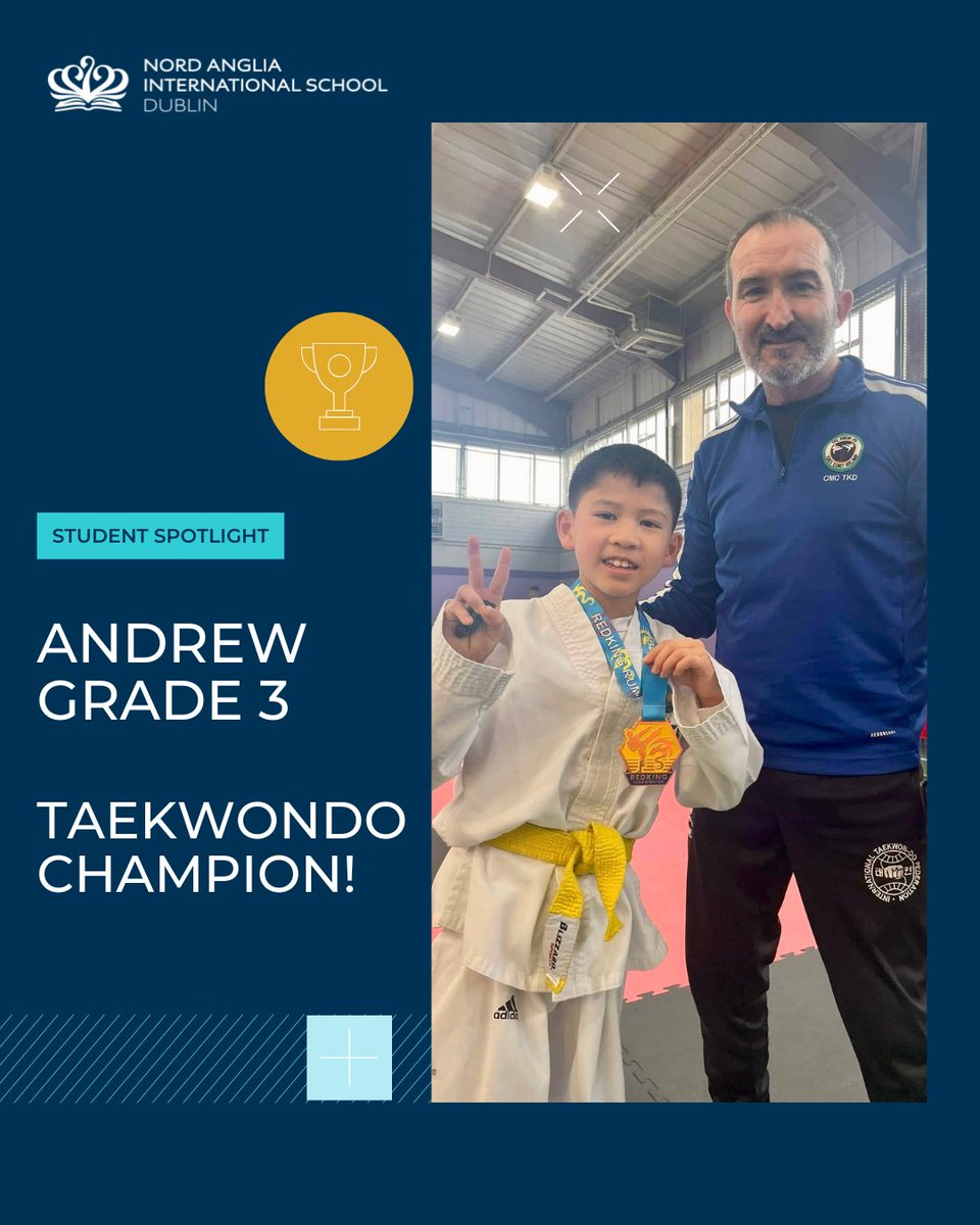 NAISDublin's tweet image. 🥇🥇 Double gold for Andrew in Grade 3! 🥋🔥
He dominated the U9s category, winning gold in both patterns and lightweight sparring for yellow belts! Hard work pays off—well done, champ! 💪👏
#CreateYourFuture #NordAngliaEducation #InternationalSchool