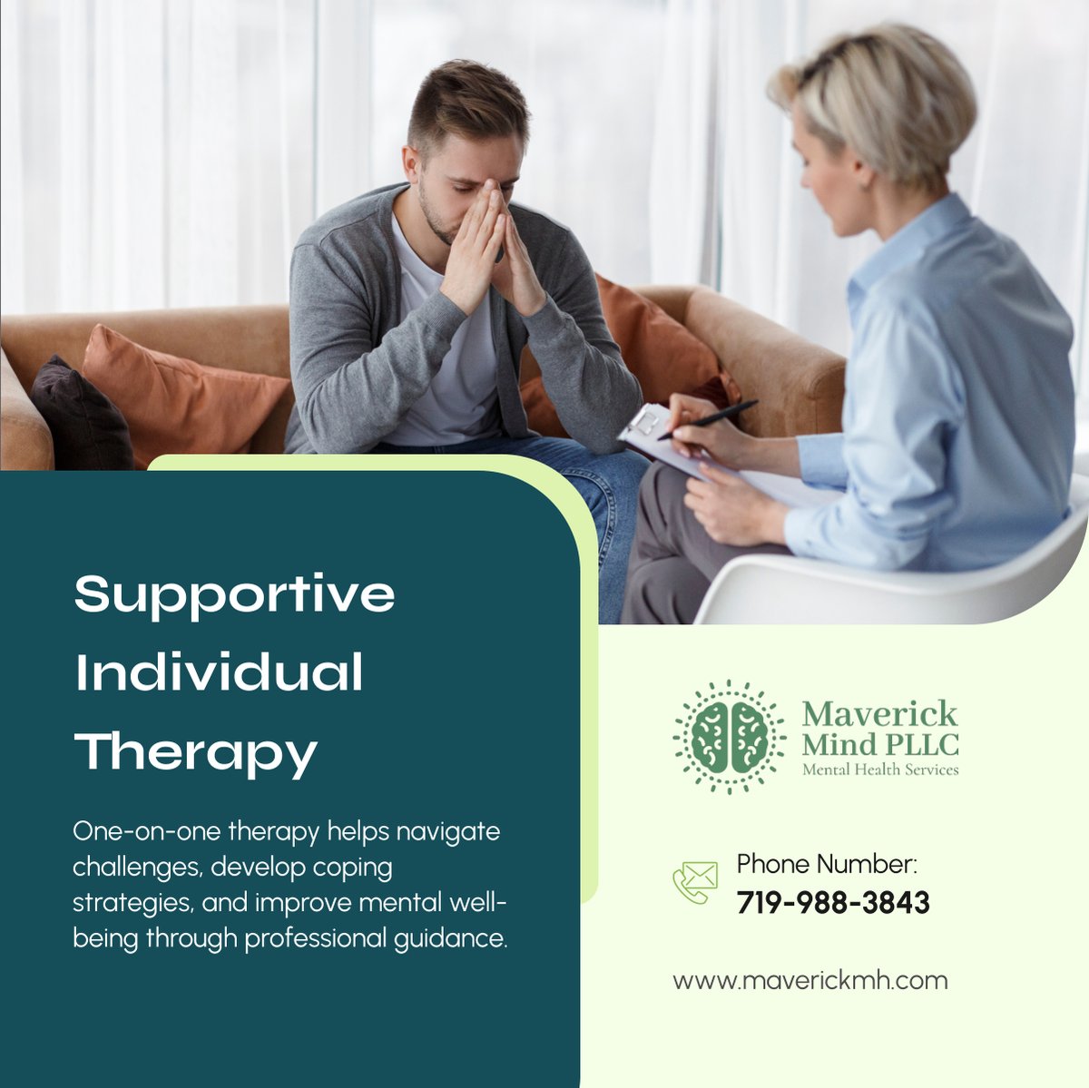 MaverickMPLLC's tweet photo. Personalized therapy sessions can make a difference in your mental health journey. Schedule an appointment today. 

#MentalHealthTreatment #PuebloCO #TherapySupport https://t.co/3mWFe2IlT3