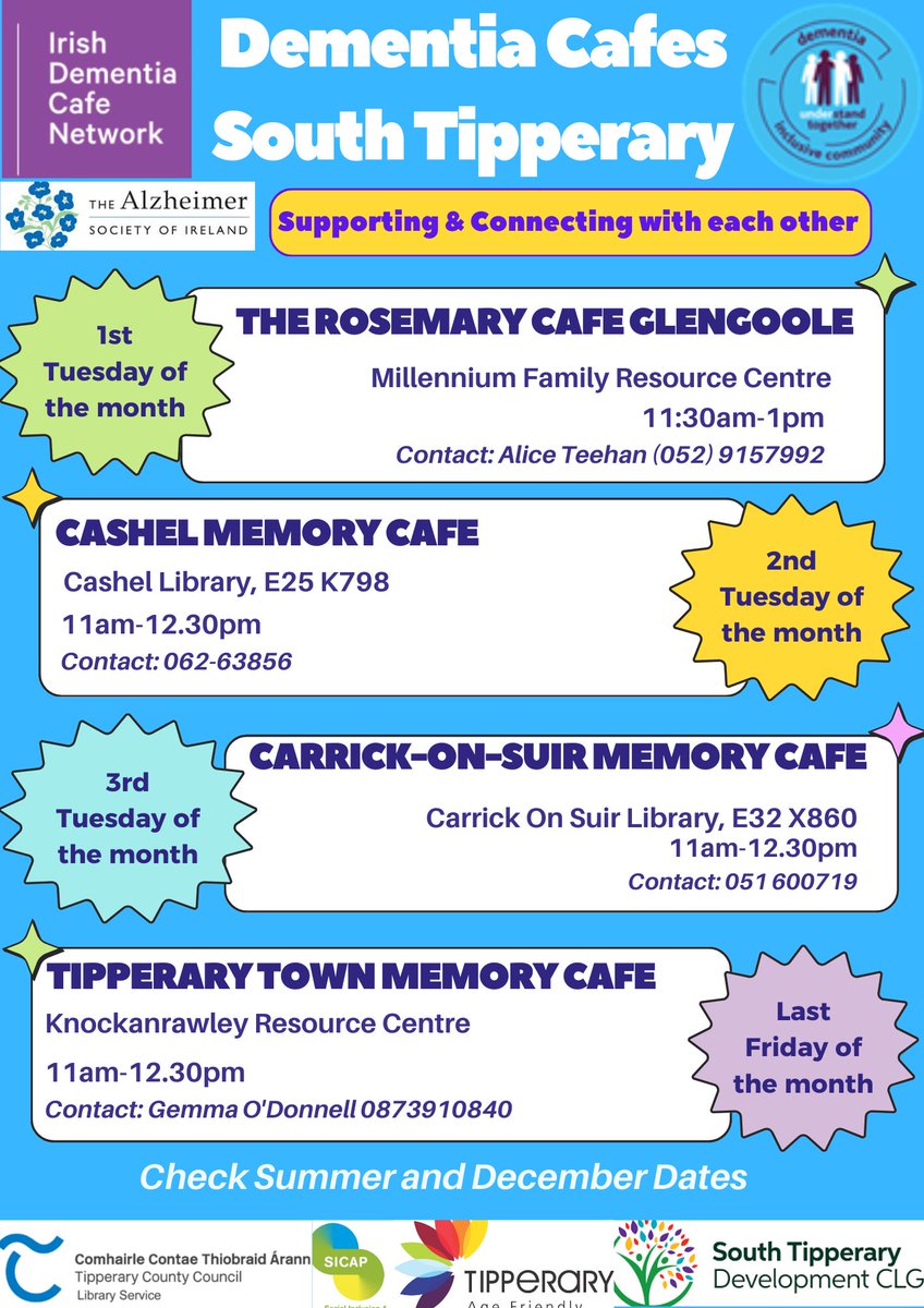 National Dementia Office (@dementia_office) on Twitter photo North & South Tipperary run regular dementia cafe's in a variety of locations in the county. To find the nearest to you please see poster included & contact details <a href="/AgeTipperary/">Tipperary Age Friendly</a> <a href="/TippLib/">TippCoCoLibraries</a> #dementiainclusivecommunities North & South Tipperary run regular dementia cafe's in a variety of locations in the county. To find the nearest to you please see poster included & contact details <a href="/AgeTipperary/">Tipperary Age Friendly</a> <a href="/TippLib/">TippCoCoLibraries</a> #dementiainclusivecommunities