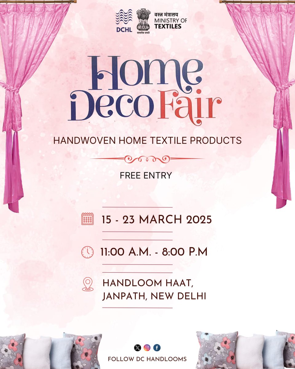 dchandlooms01's tweet image. HOME DECO FAIR
(Handwoven Home Textile Products)
📷Date: 15-23, March, 2025
📷Venue: Handloom Haat, Janpath, New Delhi
📷Timing: 11:00 am to 8:00 pm
📷Discover Unique Home Textile Quality Products at Affordable Price📷
 #HandloomHaat #janpath #dchandlooms #myhandloommypride