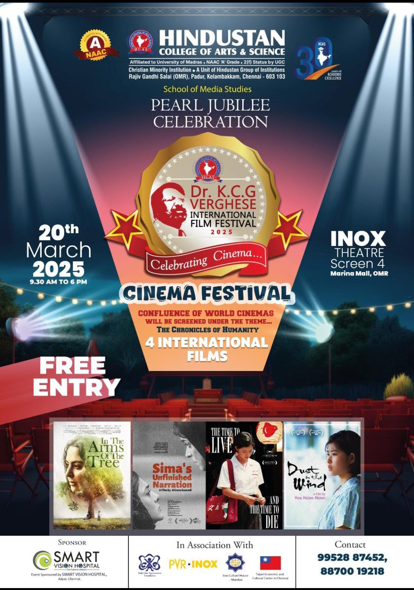 Indo Cine Appreciation Foundation (@icaf_chennai) on Twitter photo Dr. KCG Verghese International Film Festival in association with ICAF, Taipei Economic & Cultural Center in Chennai & Iran Culture House of Mumbai on Mar 20 at PVR Inox – Screen 4, The Marina Mall
<a href="/ichmumbai4/">Iran Culture House</a> <a href="/MOFA_Taiwan/">外交部 Ministry of Foreign Affairs, ROC (Taiwan) 🇹🇼</a> <a href="/Taiwan_Today/">Taiwan Today</a> <a href="/TaiwanNewsEN/">Taiwan News</a> <a href="/taiwanplusnews/">TaiwanPlus News</a> <a href="/ReutersIran/">Reuters Iran</a> Dr. KCG Verghese International Film Festival in association with ICAF, Taipei Economic & Cultural Center in Chennai & Iran Culture House of Mumbai on Mar 20 at PVR Inox – Screen 4, The Marina Mall
<a href="/ichmumbai4/">Iran Culture House</a> <a href="/MOFA_Taiwan/">外交部 Ministry of Foreign Affairs, ROC (Taiwan) 🇹🇼</a> <a href="/Taiwan_Today/">Taiwan Today</a> <a href="/TaiwanNewsEN/">Taiwan News</a> <a href="/taiwanplusnews/">TaiwanPlus News</a> <a href="/ReutersIran/">Reuters Iran</a>