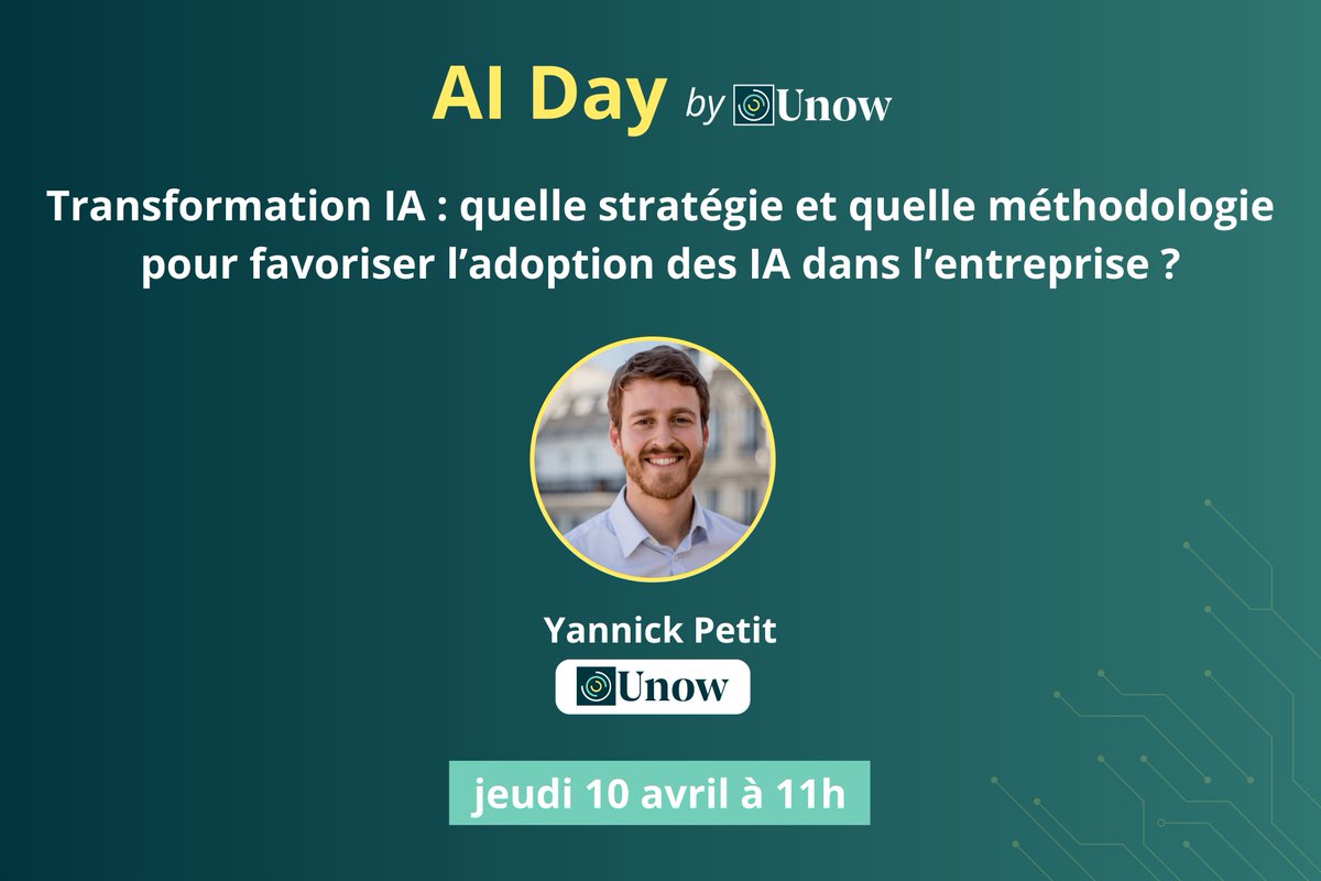 🤖 AI Day : Favoriser l’adoption de l’#IA : méthode et retours d’expérience

📆 Jeudi 10 avril à 11h

🖥️ Réservez maintenant votre place pour l’AI Day : hubs.ly/Q037v1tY0

#webinaire