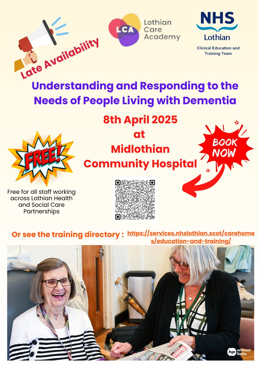 Do you work in Midlothian Health and Social Care Partnership (or any of the other Lothian HSCPS)? Do you want to learn more about supporting people living with Dementia? There are still spaces on Dementia education being delivered in Midlothian next month: services.nhslothian.scot/carehomes/unde…