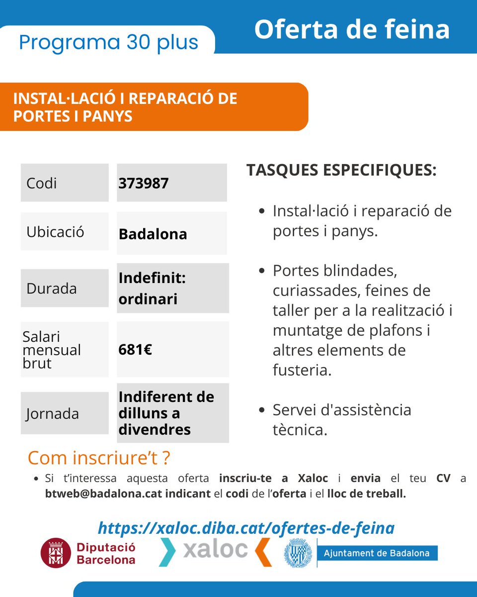 IMPOBdn's tweet image. Ofertes vinculades al Programa #30plus

Consulta les condicions i requisits de cada una d'elles a través de la Xarxa #Xaloc

➡️Animeu-vos a venir i fer una recerca de feina més activa i eficient‼️