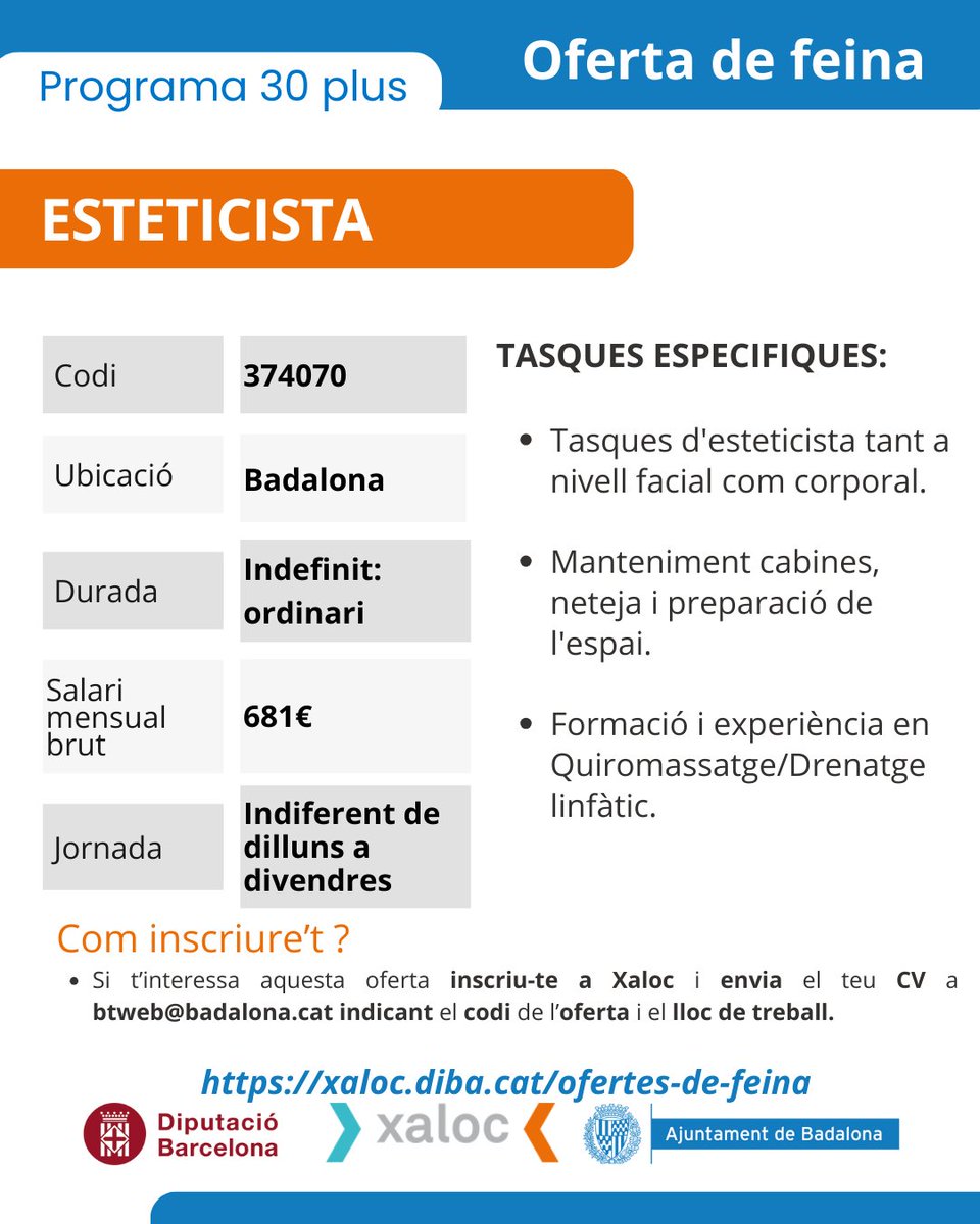 IMPOBdn's tweet image. Ofertes vinculades al Programa #30plus

Consulta les condicions i requisits de cada una d'elles a través de la Xarxa #Xaloc

➡️Animeu-vos a venir i fer una recerca de feina més activa i eficient‼️