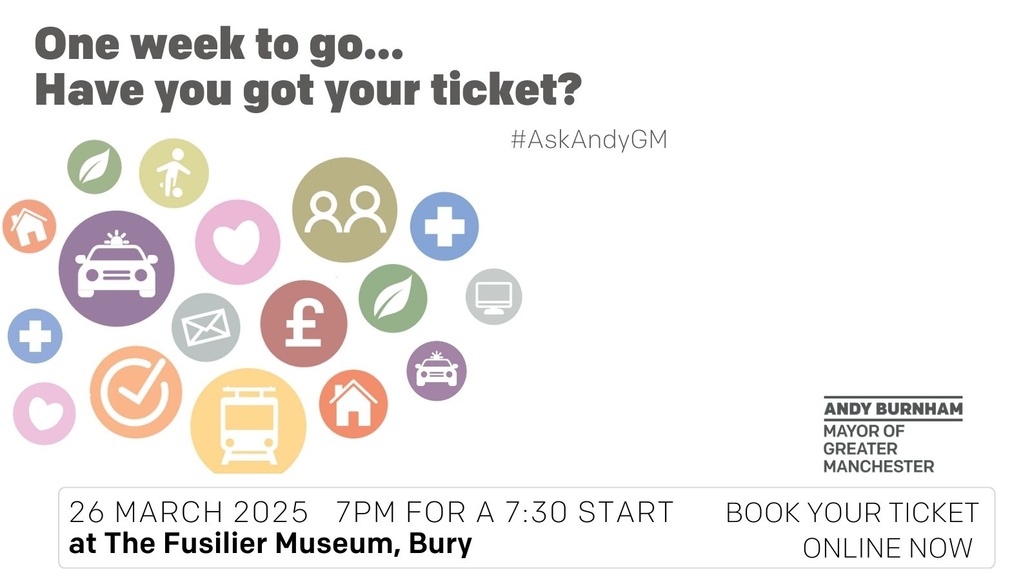 MayorofGM's tweet photo. Only one week to go until Mayor’s Question Time, and your last chance to submit a question, register online now: https://t.co/XDwvHwHI9k
📍Where: @FusilierMuseum , Bury
📆When: Wednesday 26 March, 7pm arrival for a 7.30pm start
#AskAndyGM #GreaterManchester https://t.co/Dv6xLI0Kcb