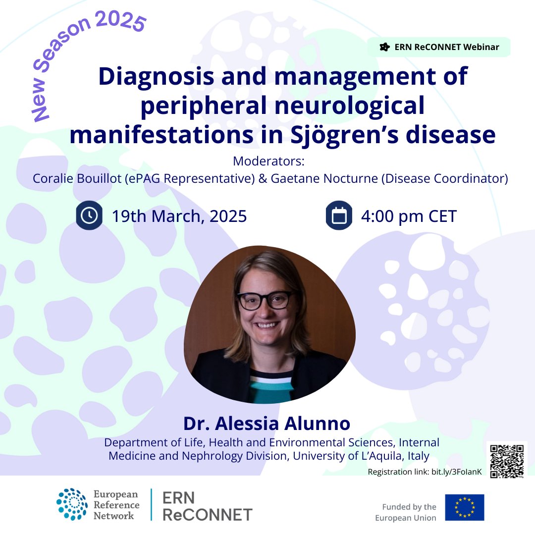 ERN ReCONNET 🇪🇺 (@ern_reconnet) on Twitter photo Don’t miss TODAY’S @ERNReCONNET webinar at 16 CET “Diagnosis and management of peripheral neurological manifestations in Sjögren’s disease” with <a href="/alessia_alunno/">Alessia Alunno</a>, moderated by Mrs Coralie Bouillot and Prof. Gaetane Nocturne
✍️Register here to participate: bit.ly/3FoIanK Don’t miss TODAY’S @ERNReCONNET webinar at 16 CET “Diagnosis and management of peripheral neurological manifestations in Sjögren’s disease” with <a href="/alessia_alunno/">Alessia Alunno</a>, moderated by Mrs Coralie Bouillot and Prof. Gaetane Nocturne
✍️Register here to participate: bit.ly/3FoIanK