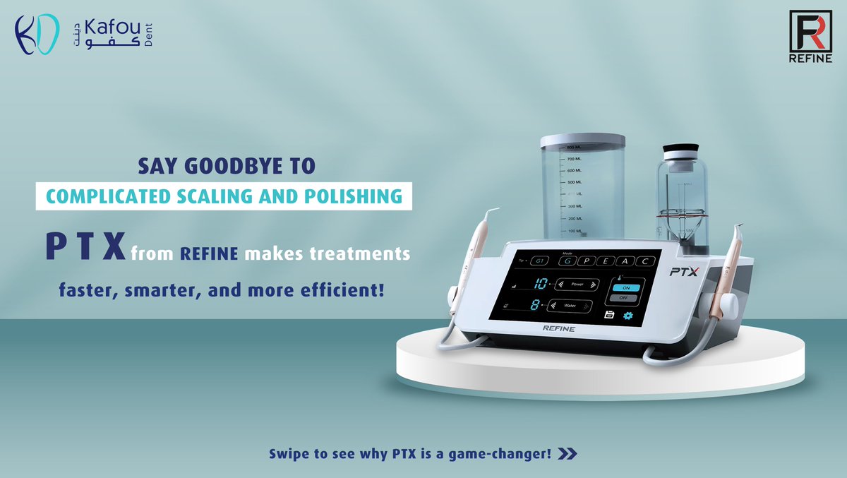 KafouDent's tweet photo. Experience the next level of dental care with PTX from Refine.
Say goodbye to outdated methods and hello to a smarter, faster, and more precise way to scale and polish.
Designed for efficiency, comfort, and superior performance, PTX takes your treatments to the future. https://t.co/s6TtIQY5Ni