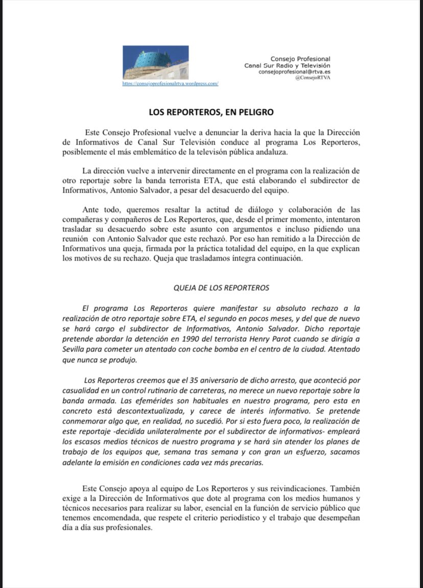 El Consejo Profesional de #CanalSur apoya las demandas de los profesionales de <a href="/losreporteroscs/">Los Reporteros</a> de medios suficientes y criterios periodísticos en el programa. Las injerencias de la Dir de Informativos amenazan al emblema del #periodismo de calidad en #Andalucía durante 30 años👇