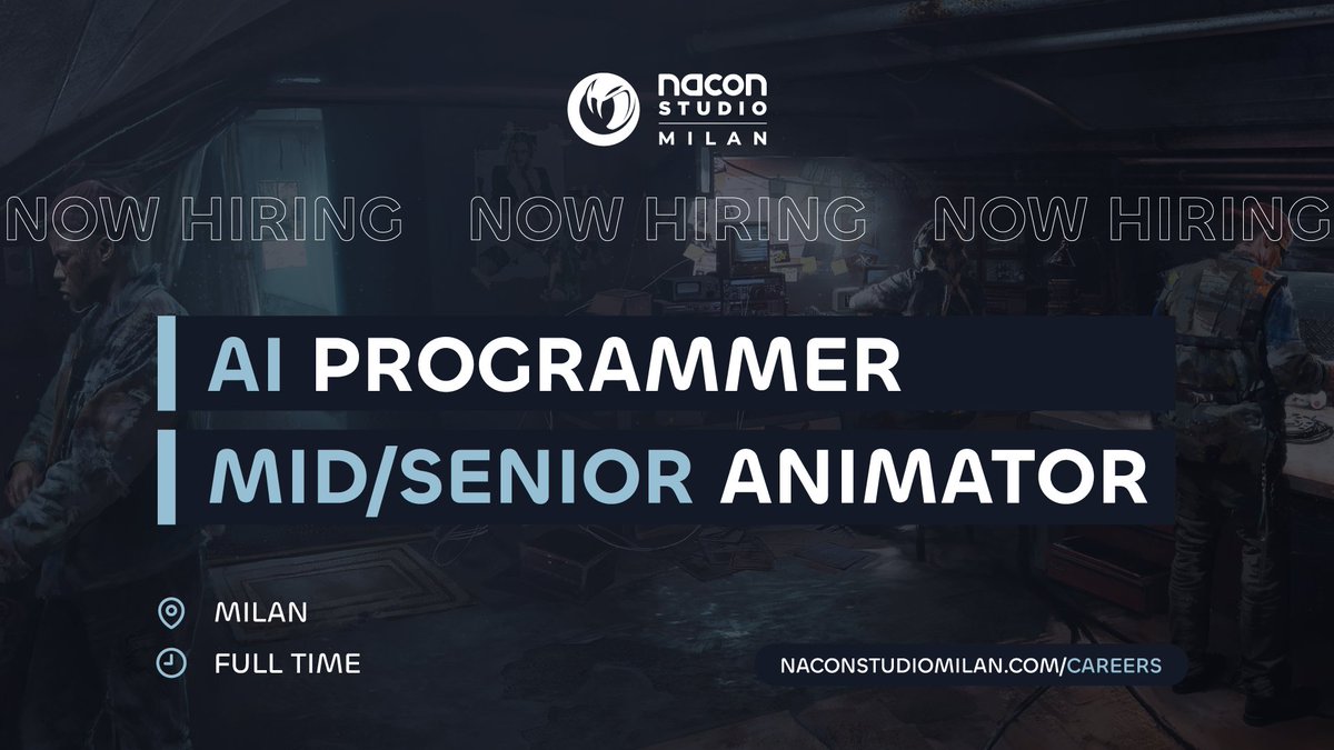 NaconMilan's tweet photo. #NowHiring ✏ 
We're excited to share two new openings at Nacon Studio Milan:

🔹 AI Programmer
Implement game features and systems within Unreal Engine;

🔹 Mid/Senior Animator
Deliver high quality 3D animations following the outlined Art Direction.

▶ https://t.co/IE4DwYZVrM https://t.co/4jmX5D6zTj