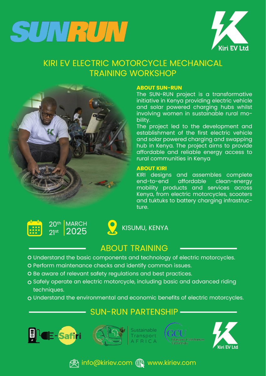 Kiri EV is organizing a two-day training session for mechanics on electric motorcycles from March 20th to 21st in #Kisumu. enabled by <a href="/P4Gpartnerships/">P4G</a> 

#P4G #SUNRUN #STA #GCU <a href="/ESafiri_ke/">E-Safiri</a> #electricmobility #innovation #Kisumu