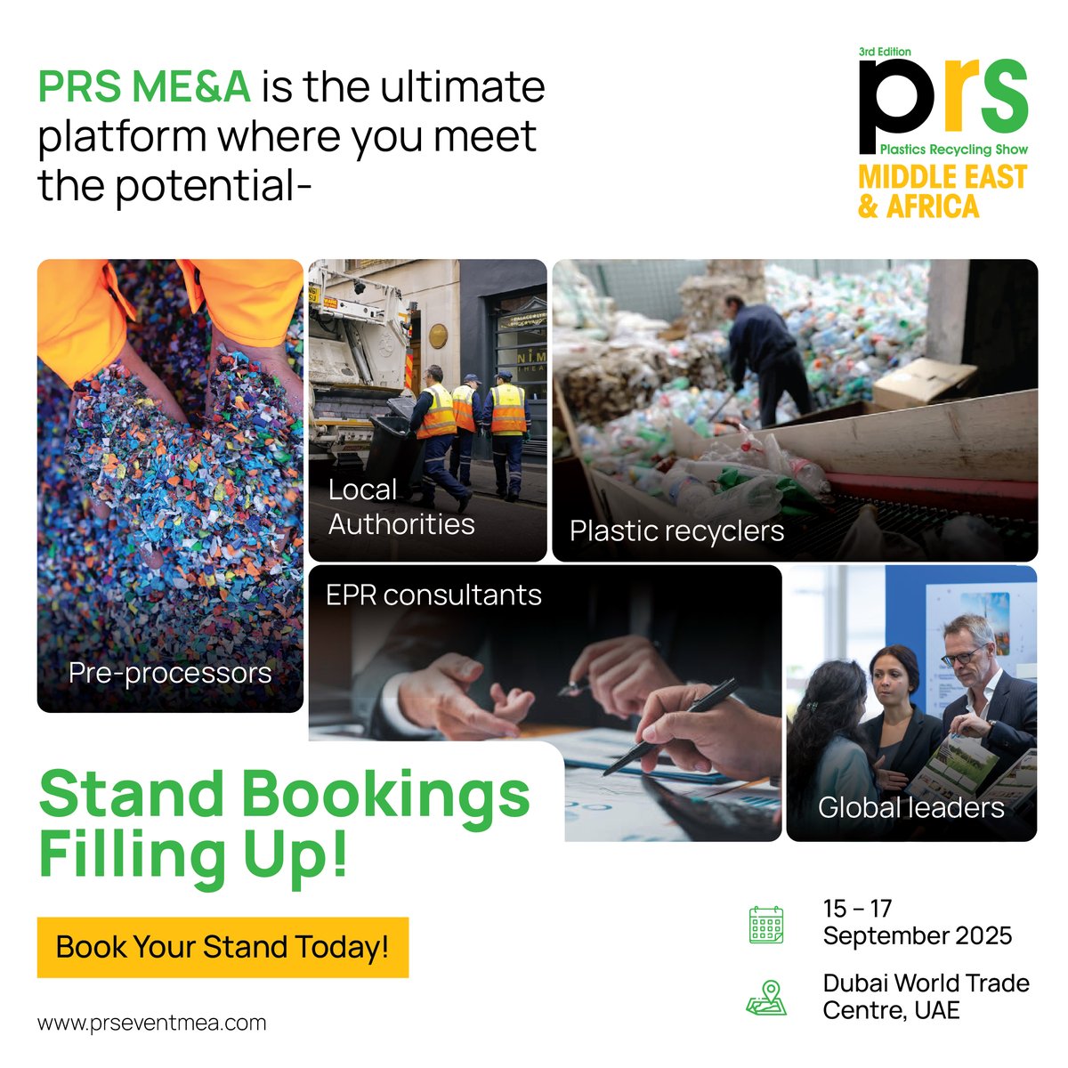 Showcase Your Innovations at PRS ME&amp;A! ♻️🌍

🚀 Book your stand today and be part of the circular economy revolution!

Interested in exhibiting? 

Click below 👇
loom.ly/a9InyXM

#PRSMEA #PlasticsRecycling #Sustainability #CircularEconomy #BookYourStand