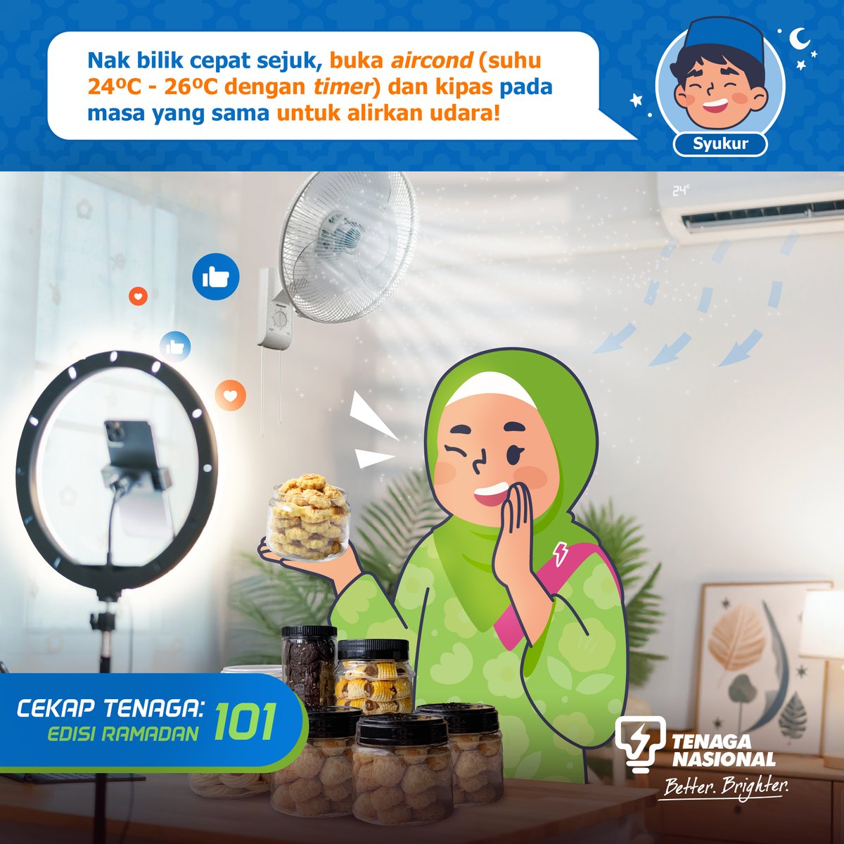Tenaga_Nasional's tweet image. Kalau cuaca panas, boleh cuba on penyaman udara anda pada suhu 24ºC - 26ºC dan pasang kipas pada masa yang sama! Bilik akan lebih cepat sejuk. Jangan lupa pasang timer pada penyaman udara juga 😉

#CekapTenaga101 #MELP #EnergyLiteracy #Aircond