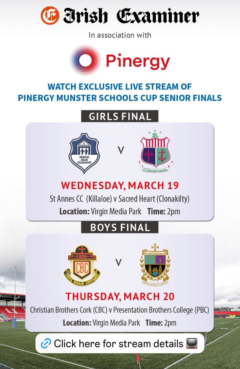 Ger McCarthy (@germccarthy74) on Twitter photo 🏉The Big Day Is Finally Here.
🎤Join <a href="/fihayes27/">Fiona Hayes</a> and I on LIVE commentary for today’s 2025 <a href="/Pinergy/">Pinergy</a> <a href="/Munsterrugby/">Munster Rugby</a> Schools U19 Girls Cup final between <a href="/shssclon/">Sacred Heart Secondary School</a> and <a href="/stannescck/">St.Annes CC Killaloe</a> at <a href="/VirginMediaIE/">Virgin Media Ireland</a> Park.
Details of how to watch on <a href="/irishexaminer/">Irish Examiner</a> <a href="/ExaminerSport/">Irish Examiner Sport</a> from 2pm:
🔗 🏉The Big Day Is Finally Here.
🎤Join <a href="/fihayes27/">Fiona Hayes</a> and I on LIVE commentary for today’s 2025 <a href="/Pinergy/">Pinergy</a> <a href="/Munsterrugby/">Munster Rugby</a> Schools U19 Girls Cup final between <a href="/shssclon/">Sacred Heart Secondary School</a> and <a href="/stannescck/">St.Annes CC Killaloe</a> at <a href="/VirginMediaIE/">Virgin Media Ireland</a> Park.
Details of how to watch on <a href="/irishexaminer/">Irish Examiner</a> <a href="/ExaminerSport/">Irish Examiner Sport</a> from 2pm:
🔗