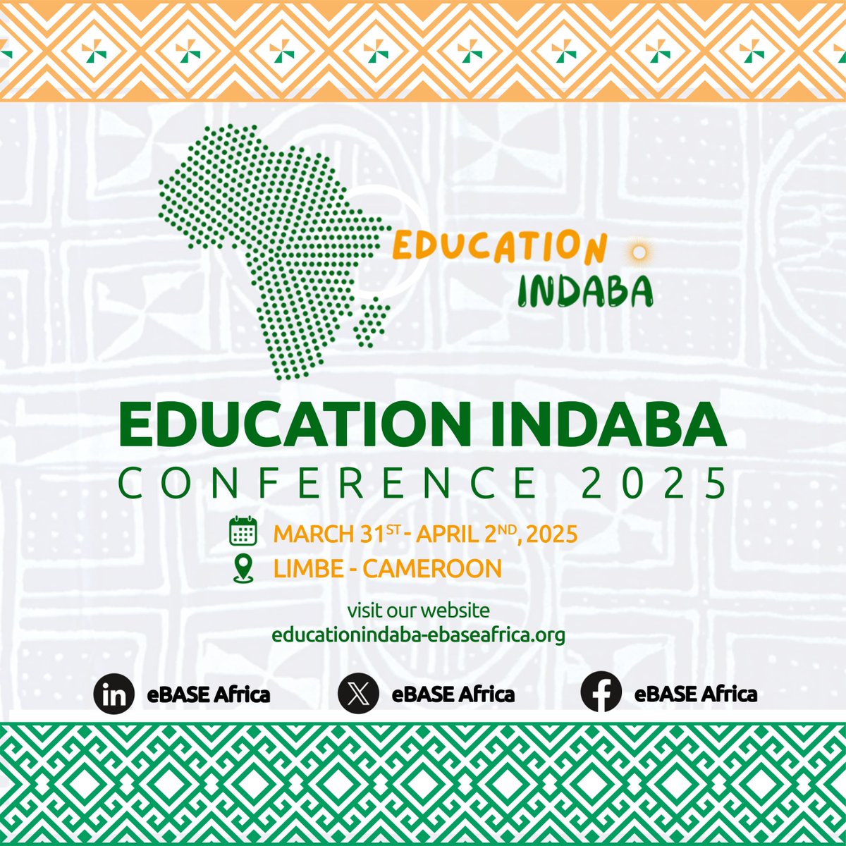 eBASE Africa (@ebase_africa) on Twitter photo 📢 #IndabaCountdown
The official program for the Education Indaba is out!
Join us from March 31 - April 2, 2025, in Limbe, Cameroon.
Program: rb.gy/6nr6zf
Register here: bit.ly/40ArxNT
#EIC2025
#WeAttain
#InspiringHope
<a href="/gatesfoundation/">Gates Foundation</a> <a href="/Foundation_JF/">Jacobs Foundation</a> 📢 #IndabaCountdown
The official program for the Education Indaba is out!
Join us from March 31 - April 2, 2025, in Limbe, Cameroon.
Program: rb.gy/6nr6zf
Register here: bit.ly/40ArxNT
#EIC2025
#WeAttain
#InspiringHope
<a href="/gatesfoundation/">Gates Foundation</a> <a href="/Foundation_JF/">Jacobs Foundation</a>