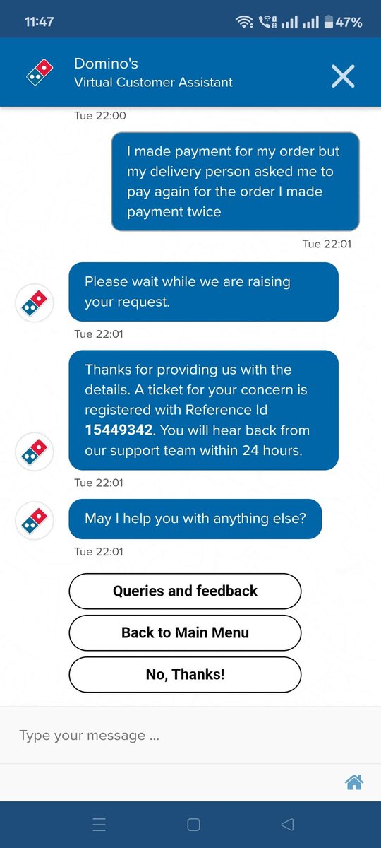 Bravebalak's tweet photo. @dominos_india Very Pathetic Service, single order paid twice, no refund till time. https://t.co/CN1rdbeI4H