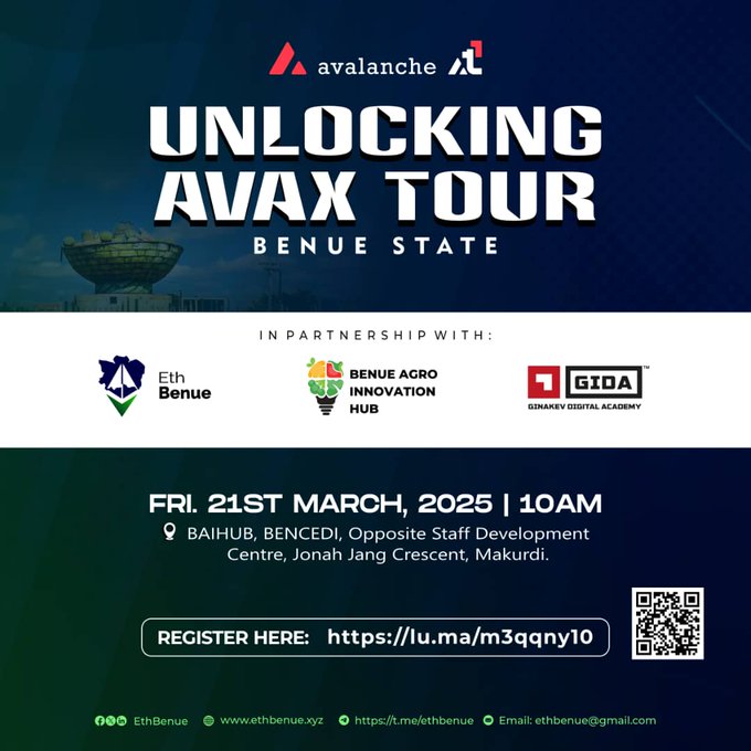 EthBenue's tweet image. Experience an exciting day of art, relaxation, and networking with Web3 enthusiasts in Benue!

Location: BAIHUB, BENCEDI, Jonah Jang Crescent, Makurdi
Date: Friday, March 21, 2025
Time: 10:00 AM WAT

 Register now:lu.ma/m3qqny10

#UnlockingAvalanche #AvalancheBlockchain