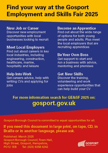 Gosport Employment and Skills Fair tomorrow -Thursday 20th March!

At the Gosport Leisure Centre. Open to the public from 12noon – 5pm. It is FREE to attend.

Please share with your families and friends – you never know what opportunities there will be!

gosport.gov.uk/GESF2025