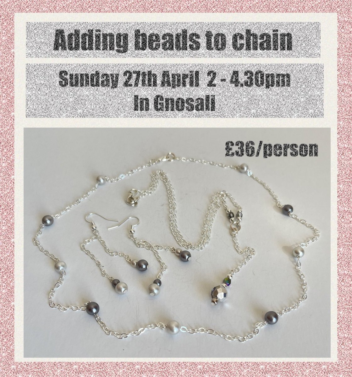 pearlysmith's tweet image. New jewellery making workshop for April
How to add beads to chain 
27th April in Gnosall, Staffordshire 
2 - 4.30pm 

angelasmith.co.uk/event-details-…

#jewellerymaking 
#mhhsbd #thecraftersuk 
#craftbizparty