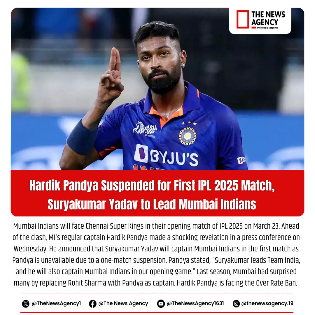 TheNewsAgency1's tweet photo. #IPL2025 #MumbaiIndians #CSKvsMI #HardikPandya #SuryakumarYadav #MIvsCSK #Cricket #T20Cricket #IPLT20 #MITeam #CricketNewz #CricketFever #MumbaiPaltan #SportsNews #SportsBreaking
@Mipaltan @Ipl @Bcci @hardikpandya7 @suray_14kumar https://t.co/ISubshw5Wn